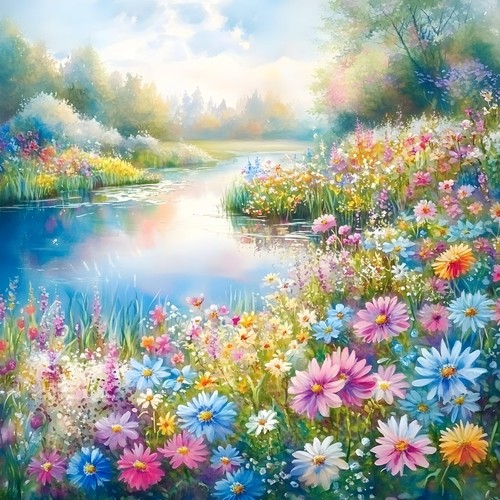 Wandbild blumen see natur - see,