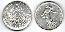 Silber! Frankreich 5 Francs 1962 vz