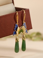 N10 Ohrringe Schmetterling mit grüner Jade Tropfen aus grüner Jade Silber 925