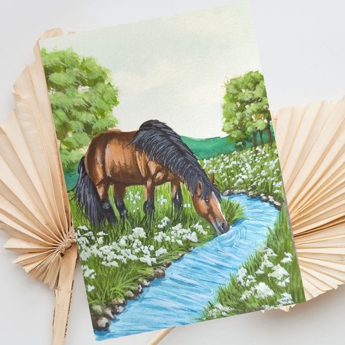 Mini aquarell pferde gemälde - aquarell,