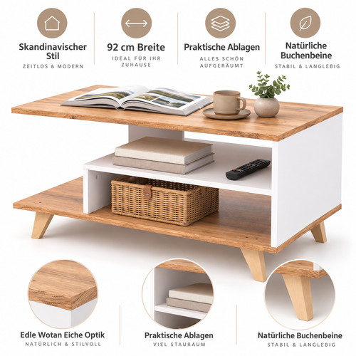 Couchtisch 92cm weiß - weiß, eiche