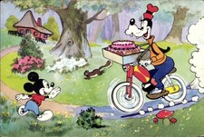 Ak Walt Disney, Goofy auf einem Motorrad, Torte, Micky Maus - 4246909