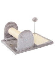 lionto Kratzmatte mit Kratzbaum & Spielball – kompakt & plüschig, hellgrau