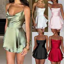 Sexy Damen Satin Trägerkleid Minikleid Rückenfrei Partykleid Sommerkleid A-Linie