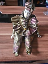 Vintage 15.5 Zoll Harlekin Karneval Narr Clown Porzellan Puppe Gold