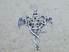 2 Drachen mit Pentagramm Anhänger Kette Bronze versilbert Drache Fantasy Gothic