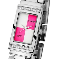 FLAIR Damenuhr Armbanduhr Pink Farbiges Ziffernblatt Silber Farben mit Strass