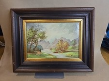  Ölgemälde Landschaft mit Bergen und Fluss – im Holzrahmen – Signiert