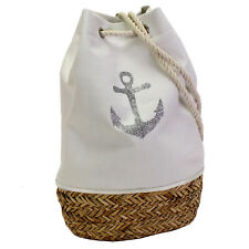 Toller Seesack in Weiß mit Glitzer Anker. Rucksack mit Strohboden und Kordelzug
