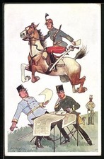 Künstler-AK Fritz Schönpflug: Kavallerist beim Sprung über den Arbeitstisch der 