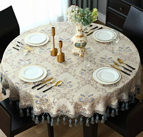 Tischdecke rund beige blau - rund, beige/blau