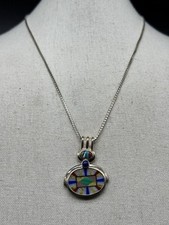 Sterling Silber Inlay Anhänger Halskette Italien Kette Colorblock Edelstein 18 Zoll