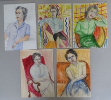 5 Zeichnungen Konvolut - Aquarell - Bildnis Portrait Frau sitzend Studie - 1970