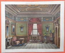 Renaissance Zimmer Möbel Mobiliar  LITHOGRAPHIE von 1886 Innenarchitektur Deko