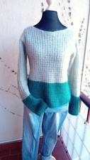Selfmade Da. Strick - Pullover Rowan Kidsilk Mohair Hellgrau Petrol  Gr. 38/40