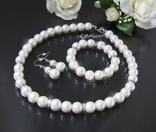 Schmuck Hochzeit Set Kette Armband Ohrringe 12mm Perlen Weiß 3-Teile Braut S1447