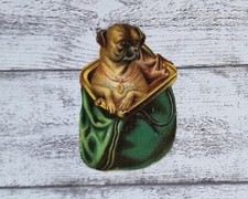 um 1900 Mops Handtasche grün süß Tier Glanzbild alt Prägedruck Ephemera Vintage