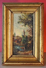 Sehr kleines Ölgemälde 8x4 Miniatur Romantiker um 1900