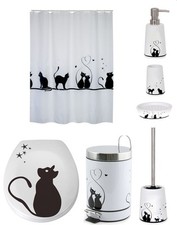 MSV WC Bürste Duschvorhang Kosmetikeimer Seifenspender Badset SET Katze Weiß