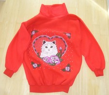 Vintage Sweater Gr UK 18 46 3XL rot Katzenmotiv Retro Winter Pullover Damenpulli