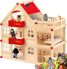 Holzpuppenhaus für Puppen mit3 Etagen 4 Puppen & 15 Möbelstücken Tragegriff Izzy