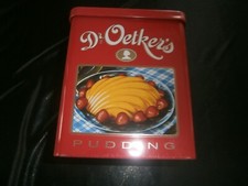 Blechdose mit Deckel in Rot mit Weiß-Goldener Aufschrift “Dr. Oetker’s PUDDING“
