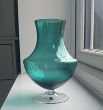 Vintage skandinavische schwedische Alsterfors blaugrün Glas Sockel Vase mit ETIKETT