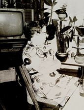 Frau sitzt im Wohnzimmer vor Röhrenfernseher und Blumenbank Gummibaum Foto 