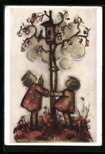 Künstler-AK Hummel: Kinder unter einem Vogelhaus 