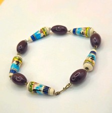 Vintage handbemaltes Keramik Perlen Armband - mediterraner Stil - Handarbeit Boho
