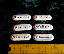 6 alte Pappschilder, Kandis Bonbons  Rosinen Waffeln Nüsse Pfl.Zubehör Kaufladen