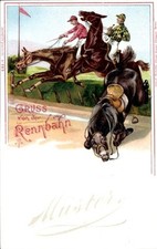Litho Gruß von der Rennbahn, Pferderennen, Sprung über ein Hindernis - 11074230
