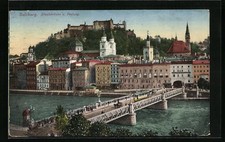 Ansichtskarte Salzburg, gelbe Strassenbahn auf der Staatsbrücke 1914 
