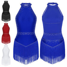 DE Damen Latein Kleid Neckholder Tanzkleid mit Strass Tanz Trikot Fransenkleid 