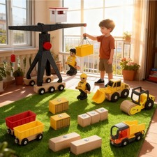 Kran Holzspielzeug Baustelle Junge mit Bagger Muldenkipper Straßenwalze Geschenk