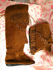 ZARA 39 Echt Leder Overknee Stiefel Cognac Braun Fransen Indianer Boho Ethno w41