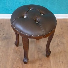 HOCKER SCHEMEL FUSSBANK HOLZ POLSTER BRAUN Ø 40 ZIERSTEINE ANTIK-STIL