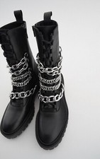 169$ RRP Zara Black real Leather Military Biker chains heel track Ankle Boot 