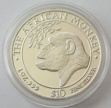 Somalia 10 Dollars 1998 Affe / African Monkey 1 Oz Silber