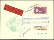 RAKETENPOST 1933,1960, 1 Mk. Raketenmarke auf doppelt beförderter Kar