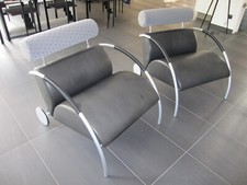 COR Zyklus Sessel in Leder schwarz mit Nackenrolle in Stoff grau