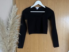 Amisu Damen Cropped Ripped Langarmshirt  Gr. S ~ schwarz ~ einfarbig ~ Top Shirt