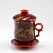 Chinesische Porzellan-Teetasse Drache, Deckeltasse mit Sieb, Teetasse rot groß