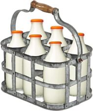 Verzinkter Milchflaschenhalter 6 Trägergestell Holzgriff Retro Getränke Caddy