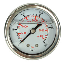 Manometer Hochdruckmanometer 250 bar mit 1/4" Anschluss hinten Glycerin gedämpft