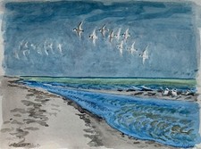 Aquarell Karl Adser 1912-1995 Ulvshale Strand Küste Ostsee Sommer Dänemark 1991