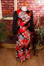 Vintage orig 70er Boho Maxikleid schwarz bunt Blumen Hippie S