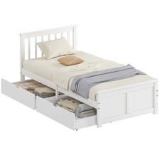 Bett 90 x 200 cm Bettrahmen mit Lattenrost aus Holz, Schublade, Kopfteil, Weiß