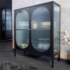Moderne Vitrine PARIS 110cm schwarz gold Riffelglas Metall Sideboard Schrank