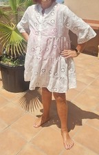 Kleid Tunika Lochmuster Blumen 44 46 XXL Ibiza Weiss Lochstickerei Sommerkleid